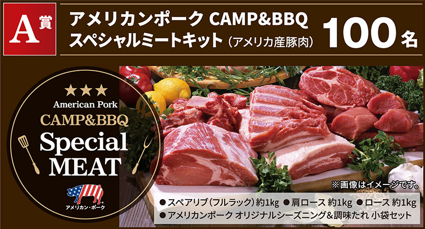 
              A賞
              アメリカンポークCAMP&BBQ
              スペシャルミートキット（アメリカ産豚肉）
              100名
            