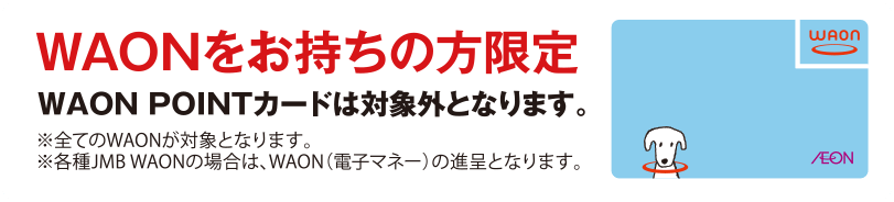 WAONをお持ちの方限定 WAON POINTカードは対象外となります。※全てのWAONが対象となります ※各種JMB WAONの場合は、WAON(電子マネー)の進呈となります。