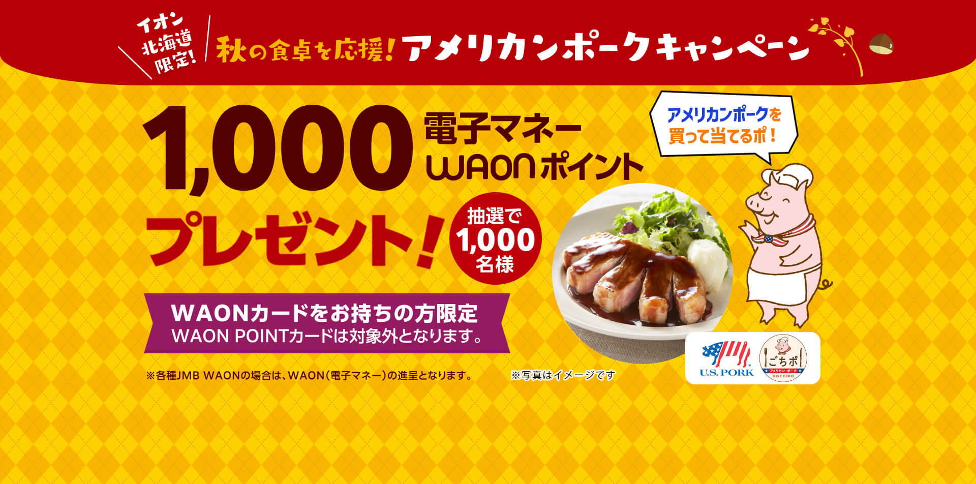 イオン北海道限定 秋の食卓を応援！アメリカンポークキャンペーン 1,000電子マネーWAONポイントプレゼント！ 抽選で1,000名様 アメリカンポークを買って当てるポ！