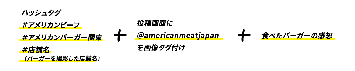 #アメリカンビーフ #アメリカンバーガー関東 #店舗名（バーガーを撮影した店舗名） ＋ 投稿画像に@americanmeatjapanを画像タグ付け ＋ 食べたバーガーの感想