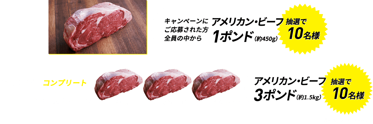 キャンペーンにご応募された方全員の中から抽選で10名様にアメリカン・ビーフ 1ポンド(約450g) / 全10店舗コンプリートされた方の中から抽選で10名様にアメリカン・ビーフ3ポンド(約1.5kg)