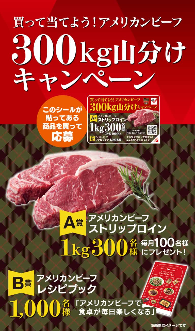 買って当てよう!アメリカンビーフ 300kg山分けキャンペーン アメリカンビーフレシピブック「アメリカンビーフで 食卓が毎日楽しくなる」1000 名様 アメリカンビーフストリップロイン1kg300名様毎月100名様にプレゼント! ※画像はイメージです