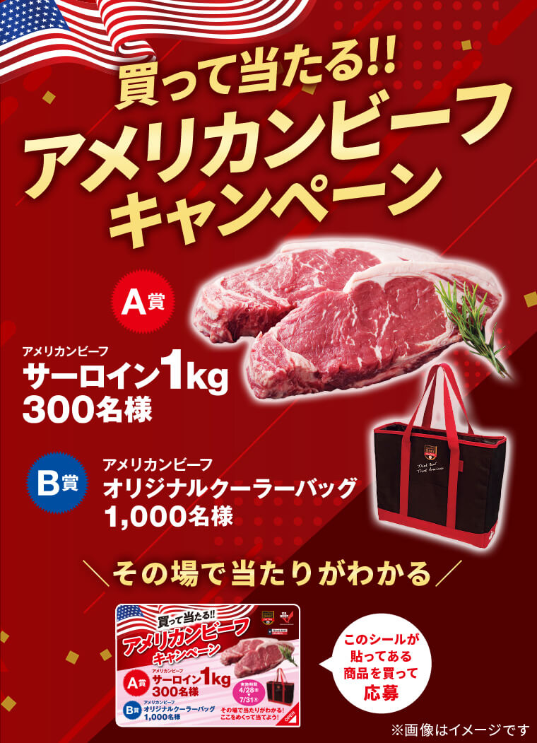 買って当たる！！アメリカンビーフキャンペーン A賞 アメリカンビーフサーロイン1kg300名様 B賞 アメリカンビーフオリジナルクーラーバッグ1,000名様 ※画像はイメージです