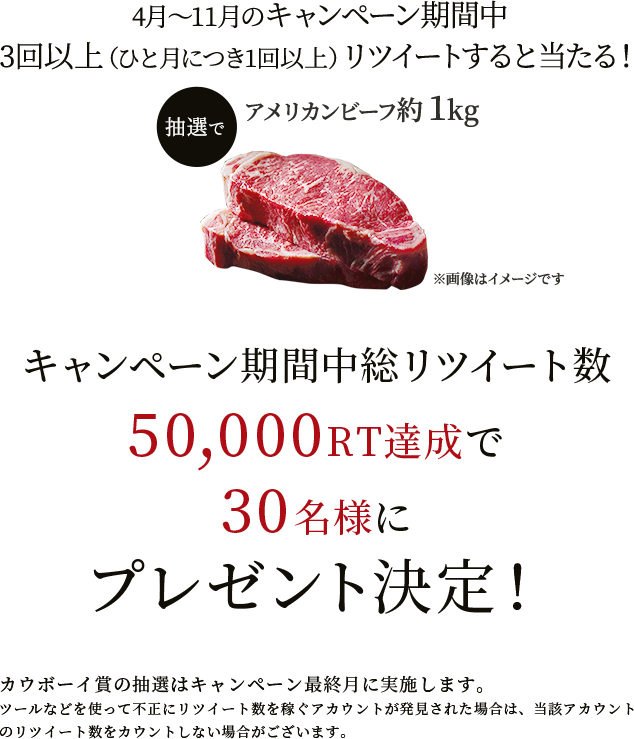 4月~11月のキャンペーン期間中、3回以上(ひと月につき1回以上)リツイートすると当たる! 抽選でアメリカンビーフ約1kg ※画像はイメージです キャンペーン期間中 総リツイート数 50,000RT達成で 30名様に プレゼント決定! カウボーイ賞の抽選はキャンペーン最終月に実施します。ツールなどを使って不正にリツイート数を稼ぐアカウントが発見された場合は、当該アカウントのリツイート数をカウントしない場合がございます。