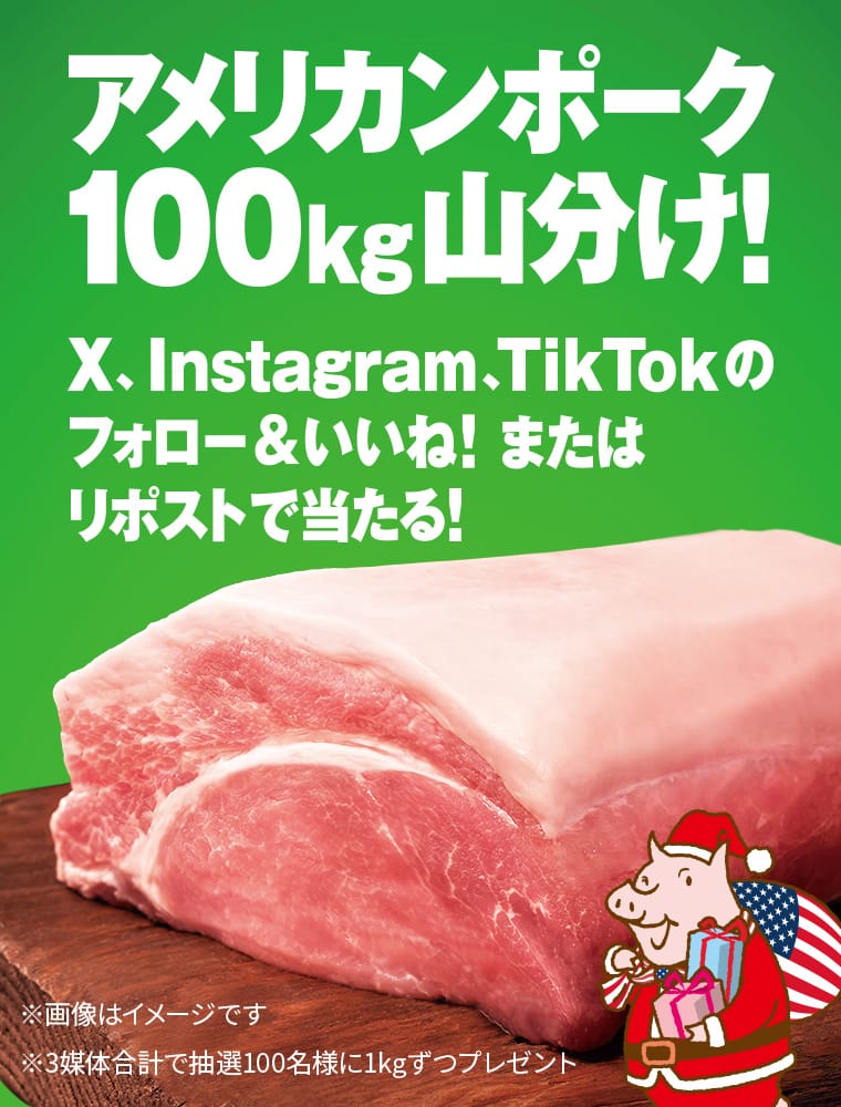 アメリカンポーク100kg山分け！X、Instagram、TikTokのフォロー＆いいね！またはリポストで当たる！※画像はイメージです※3媒体合計で抽選100名様に1kgずつプレゼント