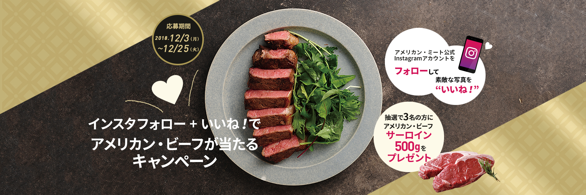 インスタフォロー + いいね！ でアメリカン・ビーフが当たるキャンペーン アメリカン・ミート公式Instagramアカウントのフォローして素敵な写真を”いいね！” 抽選で3名の方にアメリカン・ビーフ サーロイン500gをプレゼント