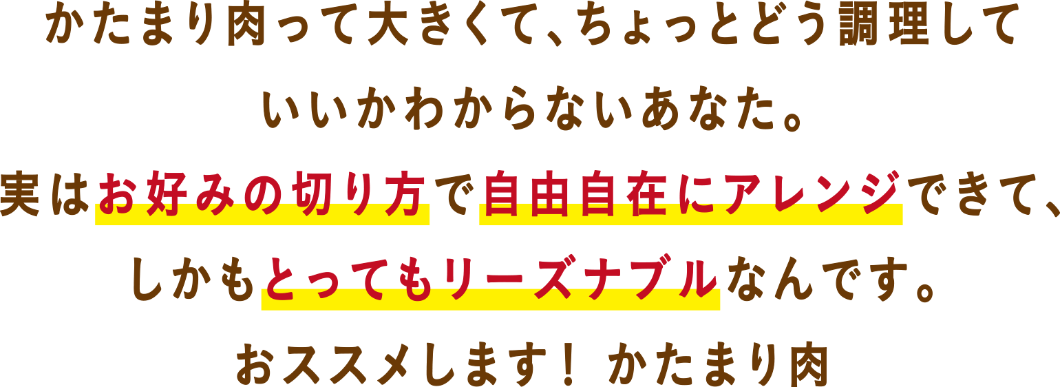 かたまり肉って大きくて、ちょっとどう調理していいかわからないあなた。実はお好みの切り方で自由自在にアレンジできて、しかもとってもリーズナブルなんです。おススメします！かたまり肉