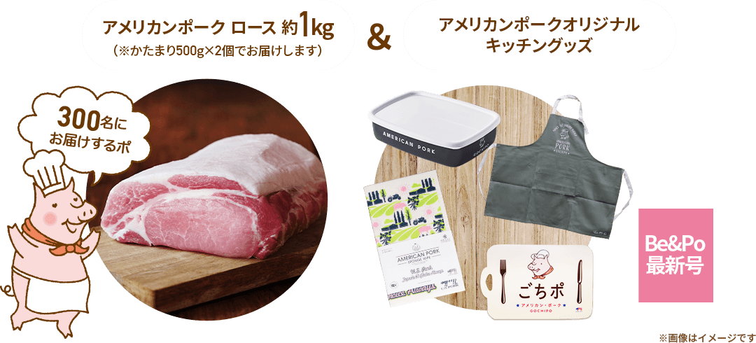 アメリカンポーク ロース 約1kg（※かたまり500g×2個でお届けします）＆アメリカンポークオリジナルキッチングッズ 300名にお届けするポ ※画像はイメージです
