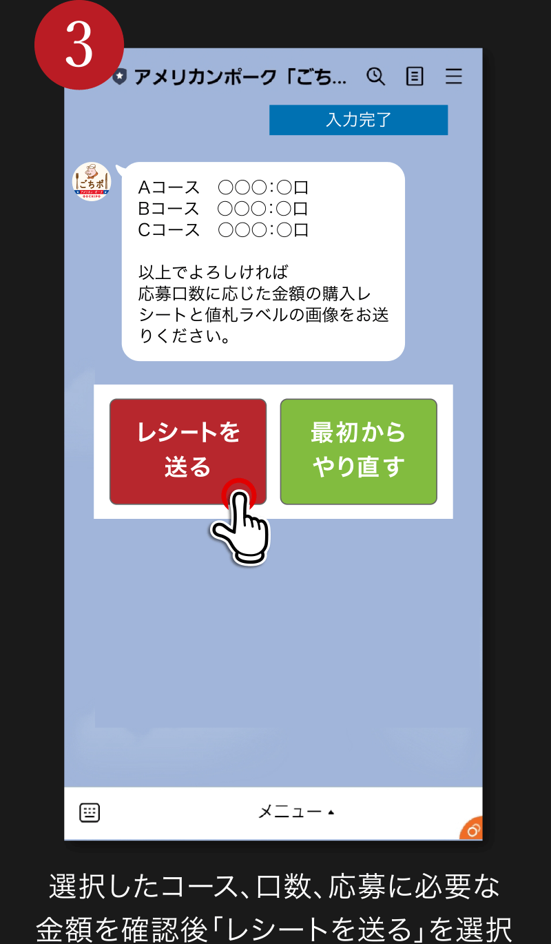 3. 選択したコース、口数、応募に必要な金額を確認後「レシートを送る」を選択