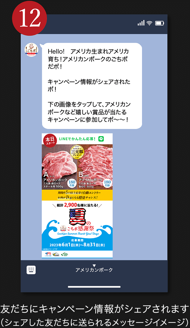 12. 友だちにキャンペーン情報がシェアされます（シェアした友だちに送られるメッセージイメージ）