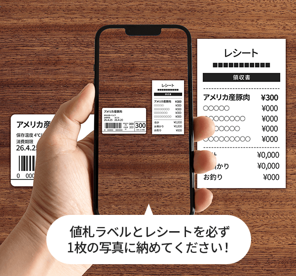 値札ラベルとレシートを必ず１枚づつ写真に納めてください！